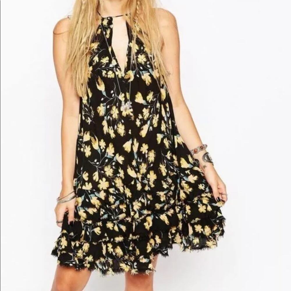 Free People Black Yellow Floral Ruffled Mini Dress Womens XS Girly Romantic